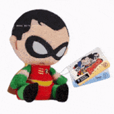 a stuffed toy of robin with a tag that says made with pika