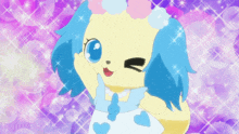a cartoon character with blue hair and a white dress with hearts on it