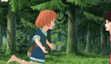 a girl with red hair and a blue shirt is running in the woods