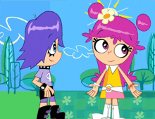a girl with purple hair is wearing a purple shirt with the letter o on it