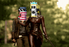 a woman holding a sword and a man holding an american flag behind her face