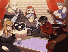 a group of people are gathered around a table with a glass of water