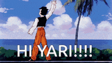 a cartoon of a man standing in front of a palm tree with the words hiyari !!! above him