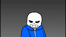 a cartoon drawing of a skeleton with a blue jacket on