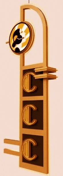 a sign that looks like a clock with the letter c on it is hanging from a ceiling .