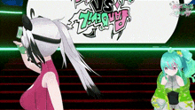 two anime girls are standing next to each other in front of a sign that says vs.