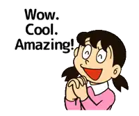 a cartoon girl says wow cool amazing with her hands folded