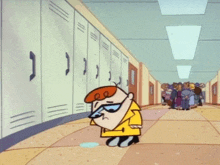 a cartoon character is kneeling down in a hallway with lockers in the background