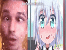a man 's face is next to a picture of a girl with the words huoohh written on it