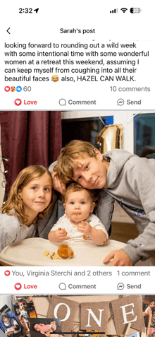 a screenshot of sarah 's post showing a baby and two children