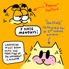 a drawing of garfield with a speech bubble that says i hate mondays