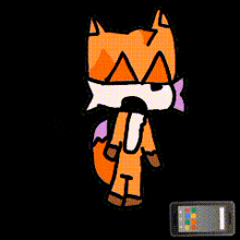 a cartoon of a fox with a purple bow around its neck