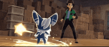 a video game character is standing in front of a pokemon