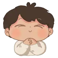 a cartoon drawing of a boy with his eyes closed and his hands on his chin
