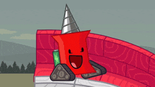 a cartoon drawing of a red object with a drill on it 's head