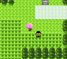 a video game screen shows a man standing in the grass with a pink jellyfish on his head