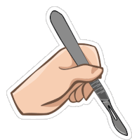 a hand is holding a scalpel with a sticker around it