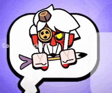 a cartoon character in a speech bubble is holding a spear .