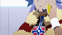 a cartoon character is talking on a cell phone with a yellow object in his hand