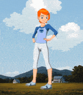 a cartoon character stands in a field with her hands on her hips and a house in the background
