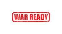 a red stamp with the word war ready inside of it