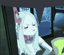 a girl with white hair is standing in front of a v2 sign
