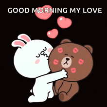a cartoon of a rabbit kissing a teddy bear with the words " good morning my love " on the bottom