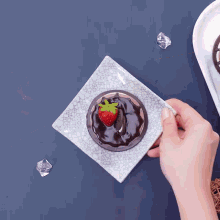 a chocolate dessert with a strawberry on top on a white plate
