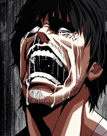 a man is crying with his mouth open and tears coming out of it