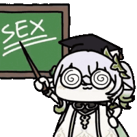 a cartoon character is standing in front of a blackboard with the word sex on it .