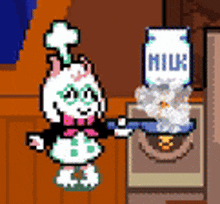 a pixel art drawing of a cat holding a gun next to a bottle of milk .