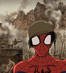 a drawing of a spider man wearing a helmet with soldiers in the background