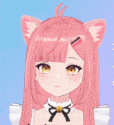a girl with pink hair and cat ears is wearing a cat collar