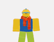 a yellow roblox character wearing a blue shirt and an orange scarf