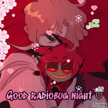 a drawing of a girl and a demon with the words good radiobug night at the bottom