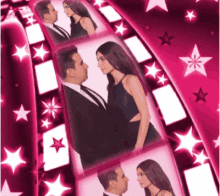 a man and woman standing next to each other on a pink background with stars
