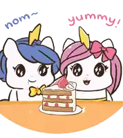 a cartoon of two unicorns eating a cake with the words nom and yummy written above them