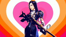 a woman is holding a gun in front of a pink heart
