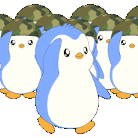 a group of penguins wearing camo helmets are standing in a line