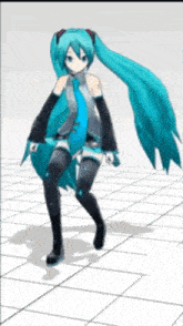 a 3d model of hatsune miku dancing on a white tiled floor