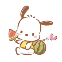 a cartoon dog is eating a slice of watermelon while holding a watermelon .