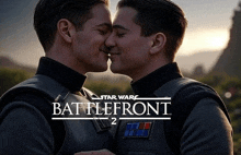 two men are kissing in front of a star wars battlefront 2 poster