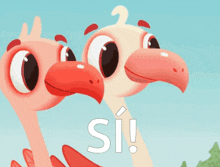 a cartoon illustration of two flamingos with the word si written on the bottom