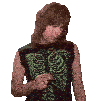 a man wearing a skeleton shirt holds a cigarette in his hand