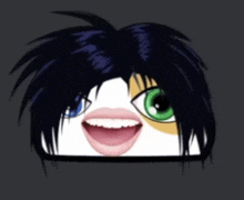 a cartoon face with black hair and green eyes is smiling