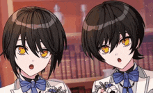 two anime characters with black hair and yellow eyes are standing next to each other in a room .