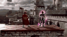 a video game character is standing on top of a brick wall .