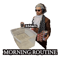 a man in a costume is pouring something into a plastic container with the words morning routine below it