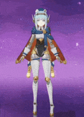 a video game character with a purple background and a blue hat