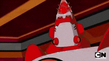 a red and white cartoon character with cn written on the bottom